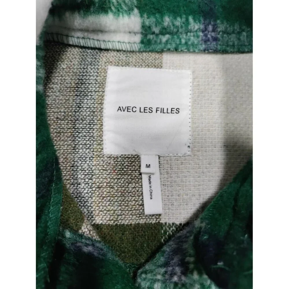 Avec Les Filles Green White Buffalo Plaid Wool Blend Shacket Overshirt - Picture 3 of 13